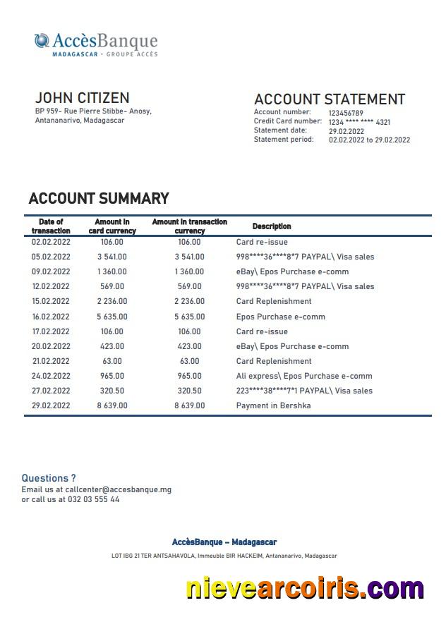Madagascar Acces Banque bank statement